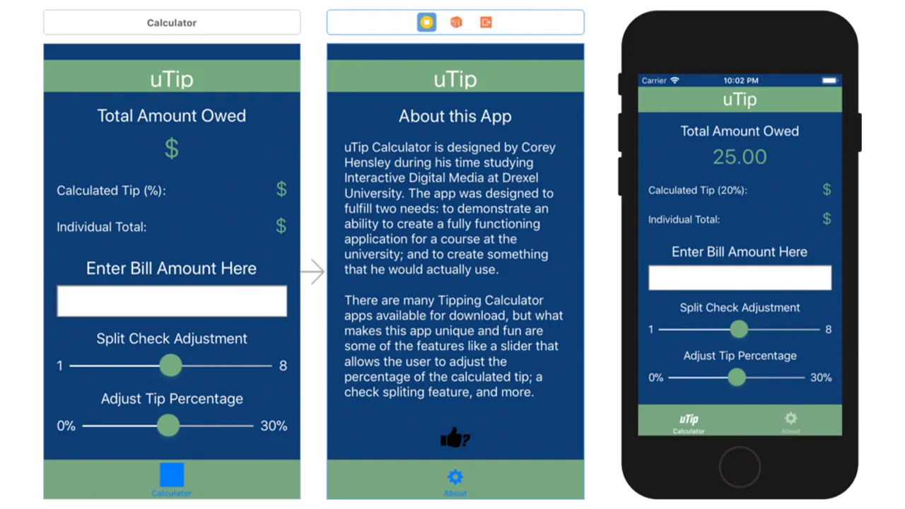 Screens of the uTip Calculator app in the design program.