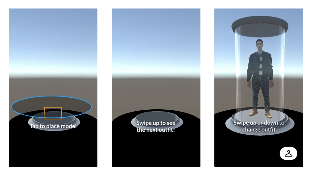 Screen asking user to place a square, which will place the model on screen. After placing, app gives instructions to swipe for different outfits.
