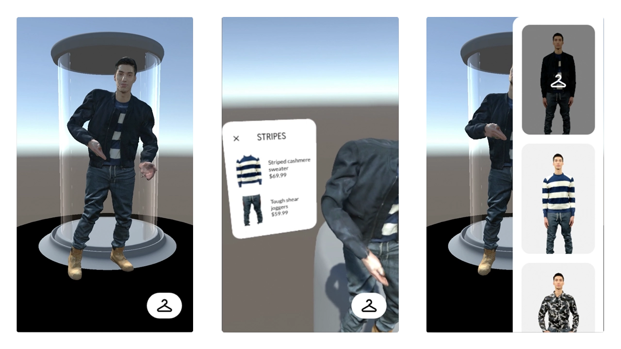 Screen with model showing off outfit. When tapped, app will tell user what clothes the model is where and the clothes' prices.